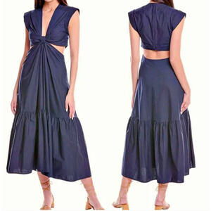 A.L.C. Alexandria Cotton Knotted-Front Cut-Out Waist Midi Dress Navy sz 8 $495